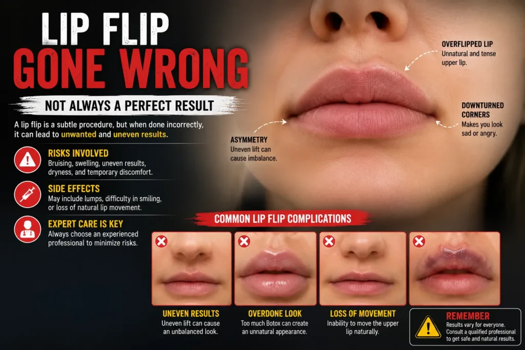 Lip Flip Gone Wrong? Here's What's Normal, What's Not, and What to Do Next A lip flip is supposed to be quick, subtle, and low-risk. So when your lip suddenly droops, feels stiff, or looks lopsided in the mirror, it's normal to panic a little. The good news: most cases of a lip flip gone wrong are temporary and tied to how Botox naturally spreads and wears off, not permanent damage. This guide breaks down exactly why a lip flip can go sideways, how to tell a normal side effect from a real warning sign, how long recovery actually takes, and what steps to take right now. We'll also cover how a botched lip flip compares to botox gone wrong in other areas of the face, since the underlying causes overlap. Key Takeaways A lip flip gone wrong is almost always caused by toxin spreading beyond the target muscle, an oversized dose, or injector inexperience. Most unwanted effects peak around day 10–14 and fade completely within 6–8 weeks. Sudden drooping affecting more than your lip (eye, one whole side of the face, slurred speech) needs urgent medical evaluation, not patience. There is no way to reverse Botox once injected — recovery is about time and, sometimes, a small corrective touch-up. Choosing an experienced, licensed injector and starting with a conservative dose is the best prevention. Quick Answer: Why Do Lip Flips Go Wrong? A lip flip typically goes wrong when botulinum toxin (Botox, Dysport, or Xeomin) spreads beyond the orbicularis oris muscle, the dose is too high for your anatomy, or the injector places it too deep or off-center. This causes drooping, asymmetry, stiffness, or trouble speaking and drinking — effects that usually resolve on their own within 6 to 8 weeks. Is Something "Wrong," or Is This Just a Normal Side Effect? Before assuming your treatment failed, it helps to know what a typical lip flip feels like in the first two weeks. The whole point of the procedure is to relax the muscle ring around your mouth, so some reduction in movement is expected, not a mistake. Expected, temporary sensations include: Slight difficulty puckering or whistling Minor trouble pronouncing "P," "B," or "M" sounds A little difficulty drinking through a straw Mild tightness or heaviness in the upper lip Subtle asymmetry that improves after the first 1–2 weeks as swelling settles These usually peak within the first 10–14 days and are considered part of how the treatment works, not a failure. If you're still deciding whether the procedure is right for you, comparing real lip flip before and after results can set more accurate expectations from the start. What crosses the line into an actual lip flip gone wrong situation is different in degree, not just in feeling — visible drooping others can notice, one side of the mouth that won't close, drooling you can't control, or a result that looks nothing like what you discussed with your injector. Common Reasons a Lip Flip Goes Wrong 1. Toxin Spread Beyond the Target Muscle Botulinum toxin doesn't always stay exactly where it's placed. If it diffuses into neighboring muscles, you can end up with unintended weakness in areas responsible for smiling symmetrically or keeping the mouth closed. This is more likely when: The injected volume is too large for the treatment area Injections sit lower than the vermillion border The area was rubbed, massaged, or exposed to heat within the first few hours You exercised vigorously or lay flat soon after treatment 2. Dose Too High for Your Anatomy There's no universal "correct" unit count. Someone with thin lips or naturally lighter muscle tone may over-respond to a dose that would look subtle on someone else. This is one reason providers should always start conservatively — you can always add more at a follow-up, but you can't remove toxin once it's in. For a deeper look at dosing norms, see how many units of Botox are used for a lip flip. 3. Inexperienced or Rushed Injector A lip flip requires precise, superficial placement along a small, expressive muscle. An inexperienced injector may: Inject too deep, affecting muscles used for speech Misjudge natural asymmetry that already existed pre-treatment Skip a proper consultation about your lip anatomy and goals Reviewing an injector's technique and understanding where Botox is injected for a lip flip can help you ask better questions during your consultation. 4. Combining Techniques Without Enough Planning Some "gone wrong" cases aren't from Botox alone — they happen when a lip flip is combined with filler and the two aren't balanced correctly. If you're weighing your options, it's worth reading about lip flip with filler versus doing a lip flip without filler so expectations match the technique. 5. Allergic Reaction or Unexpected Sensitivity Rare, but possible. Swelling, bruising, hives, or unusual redness beyond typical injection-site reaction can occur and should be reported to your provider immediately. Signs of a Botched Lip Flip Symptom Usually Normal (Days 1–14) Possible Red Flag Mild difficulty with straws ✅ Common Only concerning if severe or worsening after week 2 Slight speech changes (P/B sounds) ✅ Common Concerning if slurred speech or affects other words Minor lip asymmetry ✅ Common early on Concerning if pronounced, one-sided, or worsening Drooping limited to upper lip ✅ Often temporary Concerning if it spreads to cheek or eye Trouble smiling evenly ✅ Mild version common Concerning if one whole side of mouth won't move Drooling you can't control ⚠️ Borderline Contact your injector promptly Eye drooping, facial numbness, confusion ❌ Not typical Seek urgent medical care Could It Be Something More Serious Than a Lip Flip Fail? In rare situations, facial drooping isn't from the toxin at all. Conditions like Bell's palsy, nerve injury, or stroke can present with similar symptoms and need to be ruled out, especially if: Drooping affects more than the upper lip (eye, cheek, one entire side of the face) You have sudden facial numbness or confusion Speech becomes slurred rather than mildly muffled Symptoms appeared abruptly and severely, not gradually over days If any of these apply, treat it as a medical emergency and seek immediate evaluation. This is not something to wait out, and it's not something your cosmetic injector alone should be diagnosing. How Long Does a Lip Flip Fail Actually Last? Because botulinum toxin is temporary, almost every unwanted effect resolves as the product metabolizes. Here's the general timeline: Timeframe What's Typically Happening Days 1–3 Swelling and bruising from injections; too early to judge results Days 3–7 Toxin begins taking effect; asymmetry or overcorrection may become visible Days 10–14 Peak effect — this is when unwanted drooping or stiffness is usually most noticeable Weeks 3–6 Gradual softening of the effect as muscle movement returns Weeks 6–8 (up to 12) Full resolution for most people If you want a more detailed breakdown of what's normal at each stage, this lip flip recovery timeline and lip flip results day by day guide walk through the healing stages in more depth, alongside general lip flip healing stages. Featured snippet answer: A lip flip fail typically peaks around day 10–14 and resolves within 6 to 8 weeks as the toxin wears off naturally. There is no way to speed this up medically — it simply takes time. What to Do Right Now If Your Lip Flip Went Wrong Contact your injector immediately. Describe your symptoms clearly and ask them to evaluate whether a small corrective (balancing) injection is appropriate, or whether you simply need to wait it out. Avoid self-fixing. Don't seek a different, unfamiliar provider to "correct" it right away — your original injector has the most context on your dose and placement. Protect lip function while you wait. Sip drinks carefully, avoid straws if they're difficult, eat softer foods if chewing feels awkward, and keep lips moisturized. Don't over-massage or over-check. Constant mirror-checking and aggressive massaging won't speed recovery and can increase anxiety. Watch for red flags. Sudden worsening, drooping beyond the lip, slurred speech, or confusion means urgent medical care, not a wait-and-see approach. Reassess timing for touch-ups. Most injectors won't add more product until they see how the initial dose settles, usually around the two-week mark. Lip Flip Gone Wrong vs. Botox Gone Wrong Elsewhere: What's Different? The mechanics of botox gone wrong are similar across the face — toxin spread, incorrect dosing, and inexperienced injection technique are the top three causes almost everywhere Botox is used. What makes a lip flip fail feel more disruptive is that the mouth is constantly in use for speaking, eating, and drinking, so even mild muscle weakness is harder to ignore than, say, a slightly uneven eyebrow. The silver lining is the same, though: because it's the same toxin, the same temporary timeline applies, and results reliably fade within weeks. Pros and Cons to Keep in Perspective Pros of a Lip Flip Cons / Risks Minimally invasive, no filler needed Effects fade — but so do mistakes Quick appointment, little downtime Can't be reversed instantly if dosed wrong Natural-looking volume for the right candidate Requires real injector skill for symmetry Reversible over time Not ideal for people with pre-existing lip asymmetry or neuromuscular conditions Who Should Think Twice Before Getting a Lip Flip A lip flip isn't the right fit for everyone. You may want to discuss alternatives with a provider if you have: A history of Bell's palsy or other facial nerve conditions Pre-existing, noticeable lip or smile asymmetry A profession relying on precise lip control (singing, public speaking, wind instruments) Known sensitivity to botulinum toxin products If any of these apply, it's worth discussing a surgical lip flip vs. Botox lip flip or a lip lift vs. lip flip with your provider instead. How to Prevent a Lip Flip From Going Wrong Next Time Choose your provider carefully. Confirm they're a licensed medical professional (MD, DO, NP, or PA) Ask specifically about their experience with lip flips, not just Botox generally Ask to see real before-and-after examples, like these lip flip before and after photos Start conservative. A lower starting dose can always be topped up later; it can't be removed once injected Discuss your specific lip goals — a lip flip before and after for thin lips looks different from one aimed at a gummy smile or a fuller pout, so your dose and placement should reflect that Follow aftercare closely. Stay upright for several hours after treatment Skip strenuous exercise and alcohol the same day Avoid massaging, rubbing, or applying heat to the area For full guidance, see lip flip aftercare and specific questions like can you eat after a lip flip, can you drink after a lip flip, and can you exercise after a lip flip Set realistic expectations. Understand how a lip flip works and how it differs from filler by comparing lip flip vs. lip filler Know how long a lip flip lasts so you're not caught off guard by the fading timeline The Emotional Side of a Lip Flip Fail Feeling upset when a cosmetic result doesn't match expectations is a completely valid reaction — it's your face, and it affects how you feel showing up in daily life. It helps to remember that most cases genuinely are temporary, that visible changes are often more obvious to you than to others, and that time is generally on your side. If anxiety about the result is significant, that alone is worth discussing with your provider or a healthcare professional — peace of mind matters, too. Frequently Asked Questions Can a lip flip gone wrong be fixed immediately? No. Because it's caused by botulinum toxin, there's no instant reversal. Your injector may offer a small balancing injection in select cases, but most correction happens naturally as the toxin wears off over several weeks. How do I know if my lip flip is just settling or actually went wrong? Mild, symmetric tightness or minor speech changes in the first two weeks are usually just settling. A true problem usually involves visible one-sided drooping, difficulty controlling drooling, or symptoms that extend beyond the lip itself. Is lip flip drooping dangerous? Typically not — it's a cosmetic and functional inconvenience rather than a health risk. However, sudden drooping affecting the eye, cheek, or speech clarity should be evaluated urgently to rule out unrelated medical causes. Can I massage a botched lip flip to fix it faster? Gentle care is fine, but aggressive massaging doesn't speed up how quickly Botox metabolizes and can sometimes irritate the area further. Time is the main factor in recovery. Will my lip flip look permanently uneven? Almost never. Because the toxin naturally wears off, permanent asymmetry from a lip flip alone is rare. Most asymmetry resolves within 6–8 weeks. What's the difference between a normal lip flip side effect and botox gone wrong? A normal side effect is mild, symmetric, and expected (like minor difficulty with straws). Botox gone wrong usually means the effect is asymmetric, more severe than anticipated, or extends beyond the treated muscle. Should I see a different injector to fix my lip flip? Start with your original injector first — they know your dose and technique. Switching providers mid-correction can complicate the picture unless your original injector is unavailable or unresponsive. Can allergic reactions cause a lip flip to go wrong? Yes, though it's uncommon. Swelling, hives, or unusual redness beyond typical bruising should be reported to your provider right away. Does a lower dose reduce the risk of a lip flip going wrong? Generally, yes. A conservative starting dose lowers the chance of overcorrection, since it can always be topped up at a follow-up appointment, while excess toxin can't be removed. How soon after treatment will I know if something went wrong? Most unwanted effects become noticeable within the first 3–7 days and peak around day 10–14, so it's rarely obvious on the same day as your appointment. Is a lip flip gone wrong the same for men as for women? The underlying causes (toxin spread, dosing, technique) are the same regardless of gender, though ideal dosing may differ based on individual lip and muscle anatomy. For reference, see lip flip before and after for men. Can older adults experience different risks with a lip flip gone wrong? Skin elasticity and lip volume naturally change with age, which can influence how visible asymmetry appears. This lip flip before and after for older women guide shows how results can differ by age group. Does Dysport or Xeomin have the same "gone wrong" risks as Botox? Yes, since all are botulinum toxin products with similar mechanisms. Compare specifics in this guide on Dysport lip flip or Xeomin vs. Botox for lip flip. Bottom Line A lip flip is generally a low-risk procedure, but a lip flip gone wrong situation does happen — usually from toxin spread, too high a dose, or an inexperienced injector. Most cases peak around two weeks and fully resolve within 6–8 weeks with no lasting damage. The exception is sudden, severe drooping that spreads beyond the lip — that always warrants prompt medical evaluation rather than a wait-and-see approach. If you're still in the research phase, browsing real lip flip results and understanding what a lip flip actually is or the full lip flip procedure beforehand is one of the simplest ways to avoid a disappointing outcome in the first place. And if cost is part of your decision, it's worth checking how much a lip flip costs and comparing that against the value of choosing a genuinely experienced injector. This article is for general educational purposes and isn't a substitute for personalized medical advice. If you're experiencing concerning symptoms after a cosmetic procedure, consult a licensed medical professional promptly.